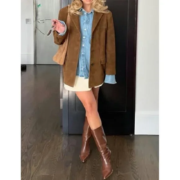 Oversized Faux Leather Blazer Jacket Mid-Thigh Length Long Sleeve - Picture 5 of 5